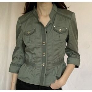 WHBM Peplum Jacket Size 6 Olive Green Military  Utility Lightweight Stretch